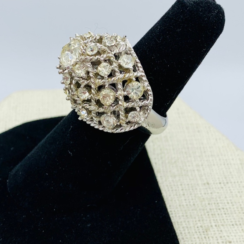 Trifari Silver ToneClear Rhinestones Dome Statement Ring 1960 VTG